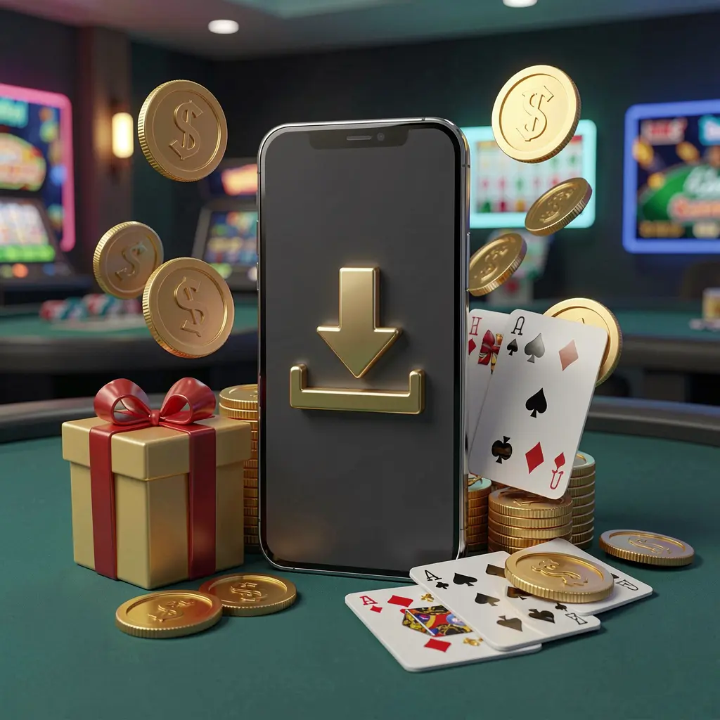 L880 casino app download concept showing a smartphone with a download icon surrounded by golden coins, a gift box, and playing cards in a realistic 3D mobile gaming scene