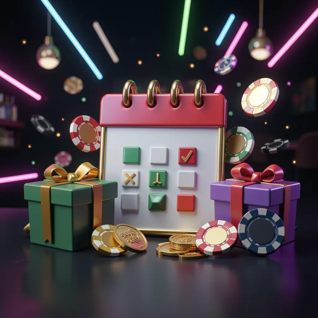 L880 weekly casino bonus concept featuring a calendar icon, gift boxes, coins, and chips with a festive dark background and neon glow in a premium 3D style