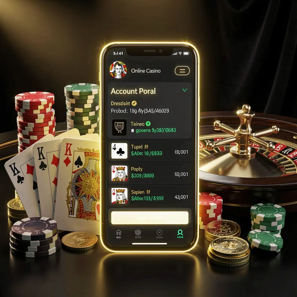 L880 online casino account portal featuring a glowing smartphone, premium cards, chips, roulette wheel, and coins against a black and gold background with cinematic lighting in a realistic 3D render