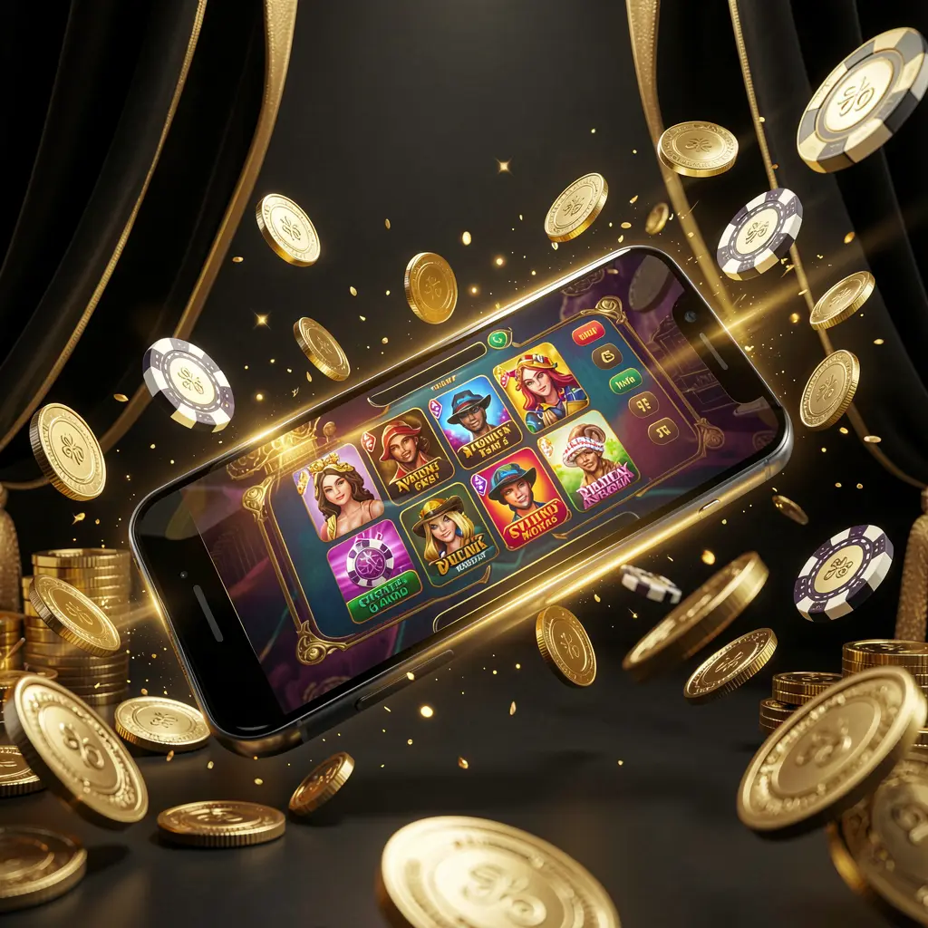 L880 modern online casino main page visual on smartphone with glowing gaming interface, flying coins and chips in a black and gold luxury atmosphere, realistic 3D illustration